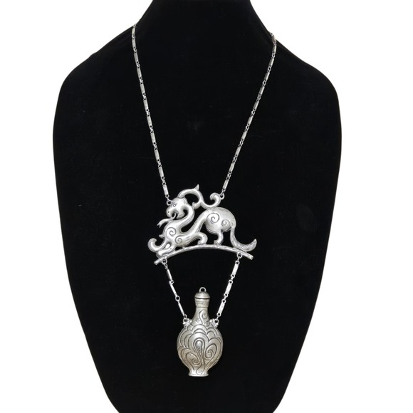Goldette Jewelry - Estate Vtg Sign  GOLDETTE Large Pewter Dragon Faux Perfume Bottle Chain Necklace